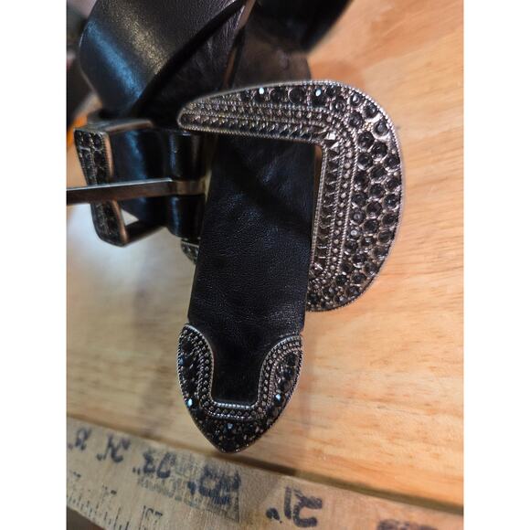 Landes Italian Black leather rhinestone belt silver buckle 39" Made In Canada - Picture 2 of 8